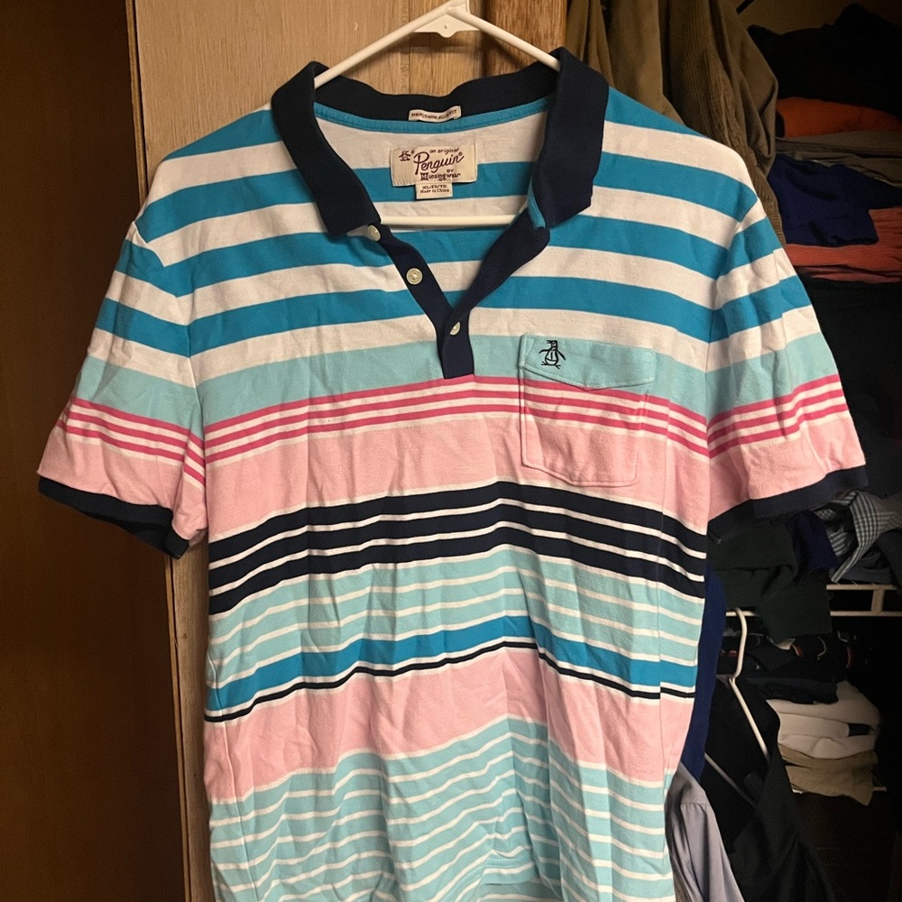 Original Penguin Men's Polo Shirt - Blue, Pink, and White Stripes
